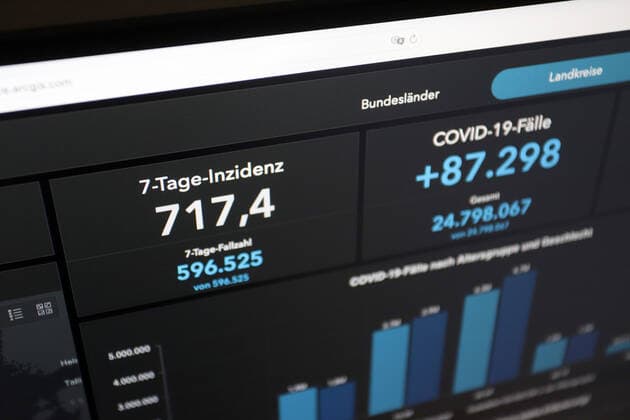Dashboard des RKI, die 7-Tage-Inzidenz liegt nun bei 717,4 7-Tage-Inzidenz, Dashboard des RKI auf einem Monitor am 30.04.2022 in Siegen Deutschland.