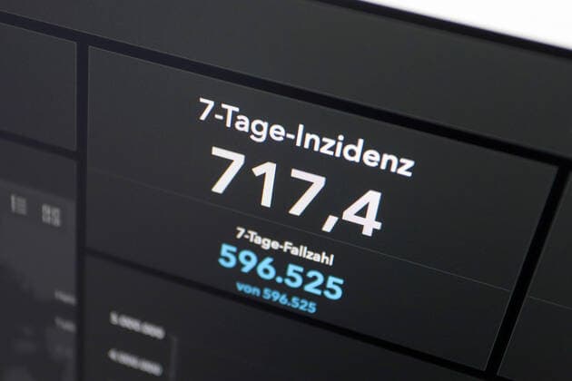 Dashboard des RKI, die 7-Tage-Inzidenz liegt nun bei 717,4 7-Tage-Inzidenz, Dashboard des RKI auf einem Monitor am 30.04.2022 in Siegen Deutschland.