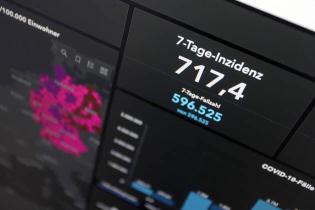 Dashboard des RKI, die 7-Tage-Inzidenz liegt nun bei 717,4 7-Tage-Inzidenz, Dashboard des RKI auf einem Monitor am 30.04.2022 in Siegen Deutschland.