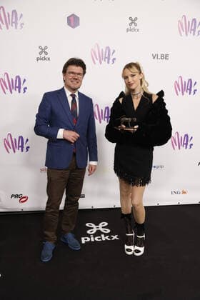 Brussels region Minister Sven Gatz and artist Angele Van Laeken pictured on the red carpet at the arrival for the 14th edition of the MIA s (Music Industry Award) award show, in Brussels, Saturday 30 April 2022. The MIA awards are handed out by the VRT and VI.BE.  JAMESxARTHURxGEKIERE 34341763