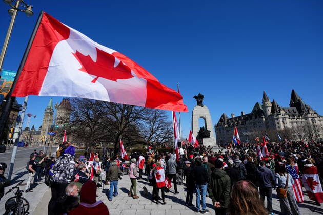 April 30, 2022, Ottawa, ON, CANADA: Participants gather at the National War Memorial during a demonstration, part of a convoy-style protest participants are calling Rolling Thunder , in Ottawa, Saturday, April 30, 2022. Ottawa CANADA  - ZUMAc35_ 20220430_zaf_c35_026 Copyright: xSeanxKilpatrickx