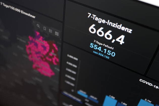 Dashboard des RKI, die 7-Tage-Inzidenz liegt nun bei 666,4 7-Tage-Inzidenz, Dashboard des RKI auf einem Monitor am 01.05.2022 in Siegen Deutschland.