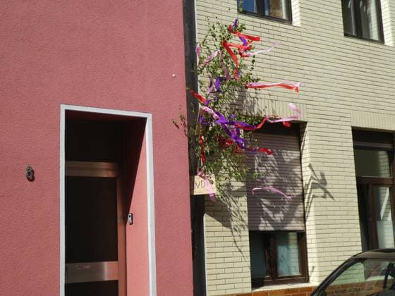 ein Maibaum mit bunten Bändern steht vor einem Haus *** a maypole with colorful ribbons stands in front of a house