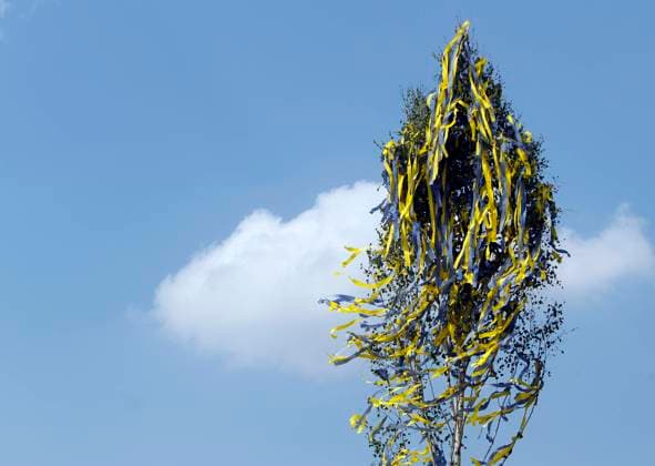 Ein traditioneller Maibaum als Friedensbaum mit Bändern Baendern in den Nationalfarben der Uraine in gelb und blau steht in dem Dorf Kleinbuellesheim in Euskirchen am 2. Mai 2022. ---- A traditional maypole as a peace tree with ribbons in the national colors of the Uraine in yellow and blue stands in the village of Kleinbuellesheim in Euskirchen, Germany, May 2, 2022. *** A traditional maypole as a peace tree with ribbons bands in the national colors of the Uraine in yellow and blue stands in the village of Kleinbuellesheim in Euskirchen, Germany, May 2, 2022