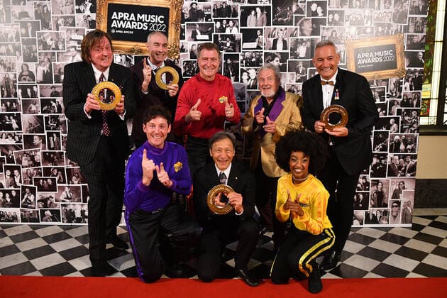 2022 APRA MUSIC AWARDS, (Top L-R) Murray Cook, Greg Page, Simon Pryce, Ross Wilson, (Bottom L-R) Anthony Field, Lachlan Gillespie Jeff Fett and tsehay hawkins pose for a photo after winning the Ted Albert Award for Outstanding Services to Australian Music, during the 2022 APRA Music Awards at Melbourne Town Hall in Melbourne, Tuesday, May 3, 2022. ( NO ARCHIVING, EDITORIAL USE ONLY, NO USE IN BOOKS WITHOUT CONSENT MELBOURNE VIC AUSTRALIA Copyright: xJAMESxROSSx 20220503001654566310