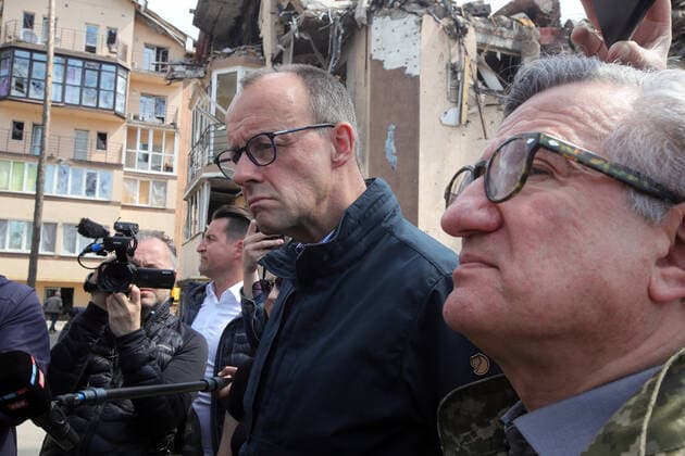 IRPIN, UKRAINE - MAY 3, 2022 - Leader of the Christian Democratic Union, Leader of the Opposition in the Bundestag Friedrich Merz (L) and Ukraine s Batkivshchyna MP Serhii Taruta (R) are pictured in Irpin, a city liberated from Russian invaders, Kyiv Region, northern Ukraine. This photo cannot be distributed in the Russian Federation. German politician Friedrich Merz visits Irpin  Copyright: xPavlo_Bagmutx