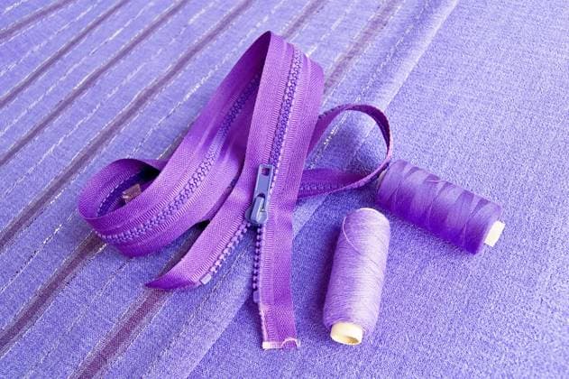 Locking zipper and two reels of thread on the purple plain and striped fabrics , 2586773.jpg, fabric, textile, texture, cloth, fashion, cotton, background, flax, material, pattern, surface, lilac, violet, striped, fold, decoration, thread, coil, overlay, monotonous, lock, join, fastening, dividing, fastener, symbol, unzip, zip, split, object, parting, separation, hank, tailoring, handiwork, accessories, indoors, nobody,