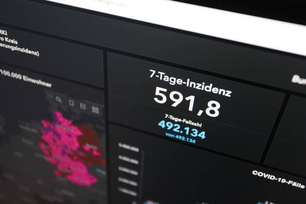 Dashboard des RKI, die 7-Tage-Inzidenz liegt nun bei 591,8 7-Tage-Inzidenz, Dashboard des RKI auf einem Monitor am 04.05.2022 in Siegen Deutschland.
