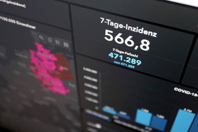 Dashboard des RKI, die 7-Tage-Inzidenz liegt nun bei 566,8 7-Tage-Inzidenz, Dashboard des RKI auf einem Monitor am 05.05.2022 in Siegen Deutschland.