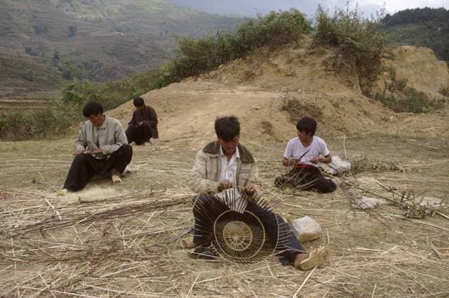 IMAGO Cultures of the world, Schwarze Hmong in Nordvietnam In the mountains the Black Hmong young men are the bird trade. Asians like to have a bird cage in their home. Often they have an entire collection. The singing contest is organized and the punters are many. Here we braid to make bamboo cages, model released, , 2582183.jpg, Bird cage, bamboo, ethnic, people, tradition, bird song, work, custom, captures, mountain, manufacturing, hand craft, craftsmanship, Asia, Vietnam,