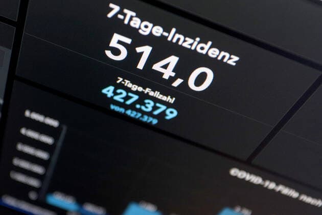 Dashboard des RKI, die 7-Tage-Inzidenz liegt nun bei 514,0 7-Tage-Inzidenz, Dashboard des RKI auf einem Monitor am 08.05.2022 in Siegen Deutschland.