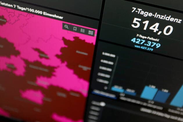Dashboard des RKI, die 7-Tage-Inzidenz liegt nun bei 514,0 7-Tage-Inzidenz, Dashboard des RKI auf einem Monitor am 08.05.2022 in Siegen Deutschland.