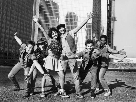 James LeGros, Wally Ward, Karen Petrasek, Rob Stone, Anthony Barrile Lance Slaughter, Publicity Portrait for the TV Movie, Ace Hits the Big Time , CBS-TV, 1985  Copyright: xJTxVintagex jtv014781