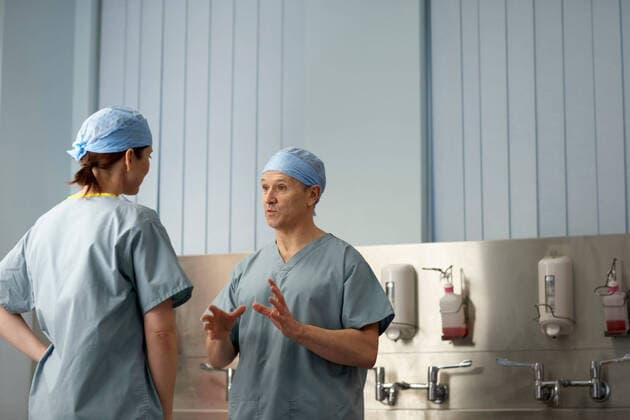 IMAGO Creative: Lokalhelden - Gesundheits- und Rettungskräfte Medical staff in scrubs in discussion, 17.11.2009, Copyright: xPhilxBoormanx wearing,communicating,explaining,talking,discussing,working,color,copy space,horizontal,waist up,authority,concentration,control,power concept,preparation,responsibility,clean,cooperation,effort,guidance,hygiene,leadership,teamwork,partnership,togetherness,vitality,well being,surgical equipment,people,adult,mature adult,40 to 49 years,40 to 44 years,45 to 49 years,50 to 59 years,50 to 54 years,mid adult,30 to 34 years,35 to 39 years,caucasian ethnicity,female,woman,male,man,colleague,two people,occupation,paramedic,doctor,surgeon,faucet,sink,indoors,europe,clothing,cap,surgical cap,surgical scrubs,uniform,communication,face to face,hands on hips,standing,groomin 12po0144rf