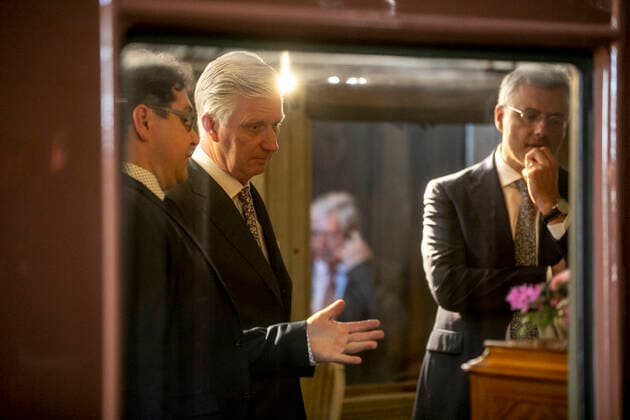 King Philippe - Filip of Belgium pictured during a royal visit to Train World, for the openning of the new temporary exposition Royals & Trains , in Brussels, Monday 09 May 2022. This temporary exhibition highlights the historical links between the royal family and the railroads. It brings together period objects and unpublished archives from the SNCB and the Royal Palace. It also allows to admire five royal cars, most of which are presented to the public for the first time.  HATIMxKAGHAT 34680753