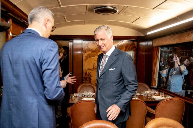 King Philippe - Filip of Belgium pictured during a royal visit to Train World, for the openning of the new temporary exposition Royals & Trains , in Brussels, Monday 09 May 2022. This temporary exhibition highlights the historical links between the royal family and the railroads. It brings together period objects and unpublished archives from the SNCB and the Royal Palace. It also allows to admire five royal cars, most of which are presented to the public for the first time.  HATIMxKAGHAT 34681511