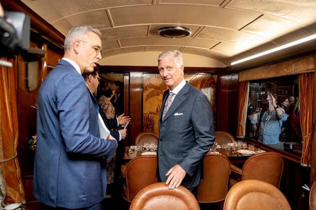 King Philippe - Filip of Belgium (C) pictured during a royal visit to Train World, for the openning of the new temporary exposition Royals & Trains , in Brussels, Monday 09 May 2022. This temporary exhibition highlights the historical links between the royal family and the railroads. It brings together period objects and unpublished archives from the SNCB and the Royal Palace. It also allows to admire five royal cars, most of which are presented to the public for the first time.  HATIMxKAGHAT 34681522