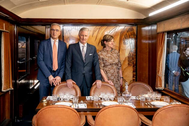 Train World museum director Piet Jonckers, King Philippe - Filip of Belgium and NMBS - SNCB CEO Sophie Dutordoir pictured during a royal visit to Train World, for the openning of the new temporary exposition Royals & Trains , in Brussels, Monday 09 May 2022. This temporary exhibition highlights the historical links between the royal family and the railroads. It brings together period objects and unpublished archives from the SNCB and the Royal Palace. It also allows to admire five royal cars, most of which are presented to the public for the first time.  HATIMxKAGHAT 34681523