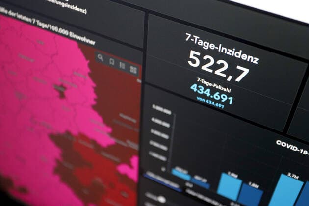 Dashboard des RKI, die 7-Tage-Inzidenz liegt nun bei 522,7 7-Tage-Inzidenz, Dashboard des RKI auf einem Monitor am 10.05.2022 in Siegen Deutschland.
