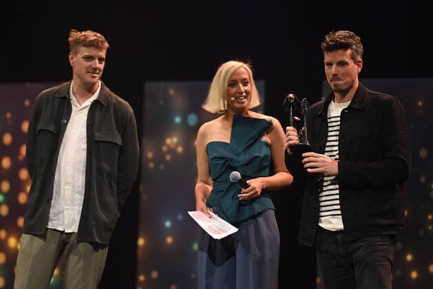 Representatives of Horst receive the Award for Architecture and Applied Arts from host Sofie Lemaire (C) at the award ceremony of the Ultimas 2022 , Flemish culture prizes, Tuesday 10 May 2022, in Antwerp.  DIRKxWAEM 34702447