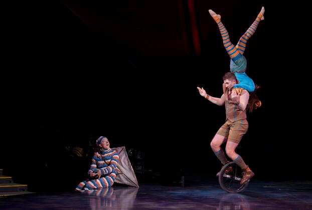 May 10, 2022, Montreal, PQ, Canada: Artists perform on a unicycle during a preview of the Cirque du Soleil show Kooza in Montreal on Tuesday, May 10, 2022. Montreal Canada  - ZUMAc35_ 20220510_zaf_c35_103 Copyright: xPaulxChiassonx
