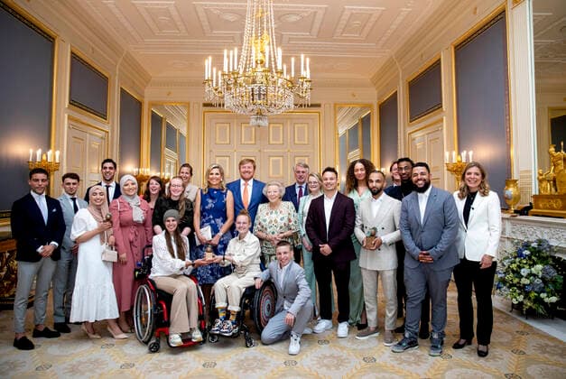 12-05-2022 The Hague King Willem-Alexander, with Queen Maxima and Princess Beatrix and Triple Treath and Jong Pit and Sandra Jetten (directeur Oranje Fonds) and Dick Benschop (voorzitter bestuur Oranje Fonds), attend the Appeltjes van Oranje, Apples of Orange, award ceremony at Noordeinde palace in The Hague. Â  Copyright: xPPEx