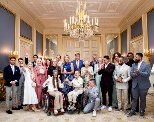 12-05-2022 The Hague King Willem-Alexander, with Queen Maxima and Princess Beatrix and Triple Treath and Jong Pit and Sandra Jetten (directeur Oranje Fonds) and Dick Benschop (voorzitter bestuur Oranje Fonds), attend the Appeltjes van Oranje, Apples of Orange, award ceremony at Noordeinde palace in The Hague. Â  Copyright: xPPEx