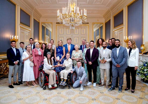 12-05-2022 The Hague King Willem-Alexander, with Queen Maxima and Princess Beatrix and Triple Treath and Jong Pit and Sandra Jetten (directeur Oranje Fonds) and Dick Benschop (voorzitter bestuur Oranje Fonds), attend the Appeltjes van Oranje, Apples of Orange, award ceremony at Noordeinde palace in The Hague. Â  Copyright: xPPEx