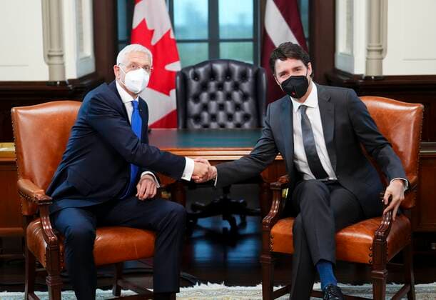 May 12, 2022, Ottawa, Ontario, Canada: Prime Minister Justin Trudeau takes part in a bilateral meeting with Latvian Prime Minister Krisjanis Karins on Parliament Hill in Ottawa on Thursday, May 12, 2022. Ottawa Canada  - ZUMAc35_ 20220512_zaf_c35_052 Copyright: xSeanxKilpatrickx