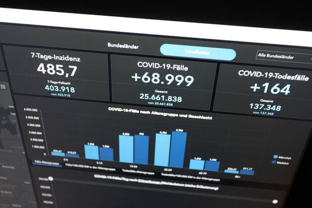 Dashboard des RKI, die 7-Tage-Inzidenz liegt nun bei 485,7 7-Tage-Inzidenz, Dashboard des RKI auf einem Monitor am 13.05.2022 in Siegen Deutschland.