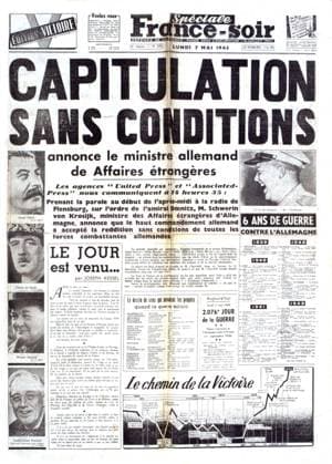 Surrender of Germany, in France-Soir , May 7, 1945 Unconditional surrender of Germany, in France-Soir , May 7, 1945 France, World War II Private collection Copyright: xPhoto12x asi05096_H308597