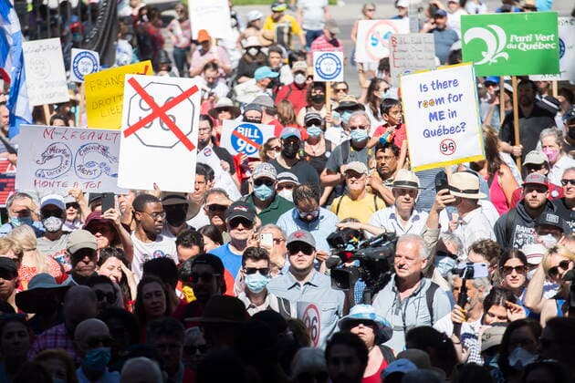 May 14, 2022, Montreal, PQ, Canada: People take part in a demonstration against Bill 96 in Montreal, Saturday, May 14, 2022. Montreal Canada  - ZUMAc35_ 20220514_zaf_c35_001 Copyright: xGrahamxHughesx