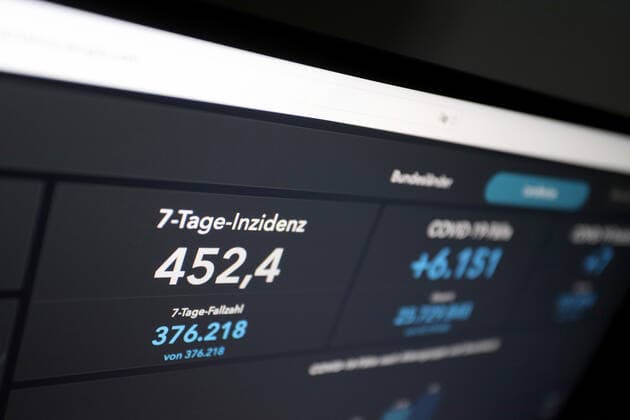 Dashboard des RKI, die 7-Tage-Inzidenz liegt nun bei 452,4 7-Tage-Inzidenz, Dashboard des RKI auf einem Monitor am 15.05.2022 in Siegen Deutschland.