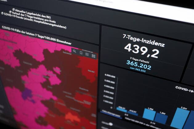 Dashboard des RKI, die 7-Tage-Inzidenz liegt nun bei 439,2 es werden KEINE NEUEN TODESFAELLE (TODESFÄLLE) gemeldet. 7-Tage-Inzidenz, Dashboard des RKI auf einem Monitor am 16.05.2022 in Siegen Deutschland.