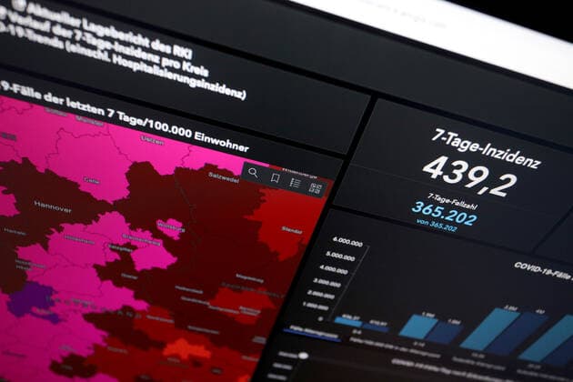 Dashboard des RKI, die 7-Tage-Inzidenz liegt nun bei 439,2 es werden KEINE NEUEN TODESFAELLE (TODESFÄLLE) gemeldet. 7-Tage-Inzidenz, Dashboard des RKI auf einem Monitor am 16.05.2022 in Siegen Deutschland.