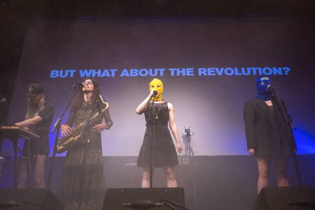 St. Johann 15.05.2022, St. Johann, AUT, bekannte russische Protestband Pussy Riot spielt Konzert in Tirol, im Bild live on Stage live on Stage during a concert of the Russian protest band Pussy Riot in St. Johann, Austria on 2022 05 15. Expa
