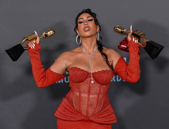 Kali Uchis appears backstage with her two awards during the annual Billboard Music Awards held at the MGM Grand Garden Arena in Las Vegas on May 15, 2022. The musician was honored asTop Latin Female Artist and for Top Latin Song for telepatía .  LAV202205150436 JIMxRUYMEN