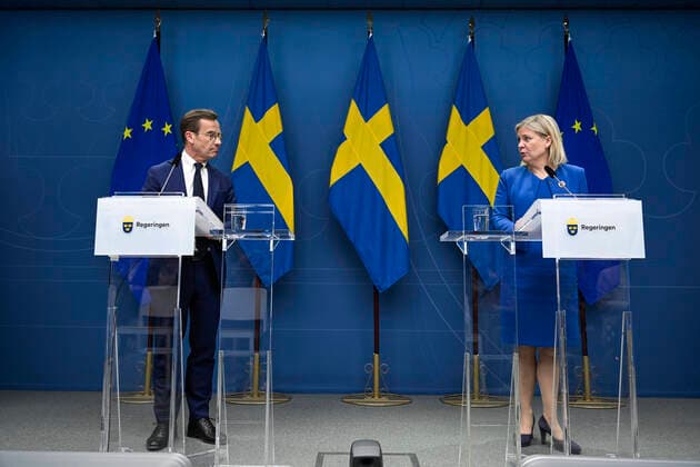 Sweden s Prime Minister Magdalena Andersson R and the Moderate Party s leader Ulf Kristersson give a news conference in Stockholm, Sweden, on May 16, 2022 Sweden s government has decided to apply for a NATO membership STOCKHOLM SWEDEN x10060x,  Copyright: xHenrikxMontgomery TTx SWEDEN NATO