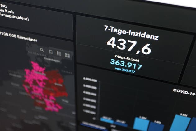 Dashboard des RKI, die 7-Tage-Inzidenz liegt nun bei 437,6 7-Tage-Inzidenz, Dashboard des RKI auf einem Monitor am 17.05.2022 in Siegen Deutschland.