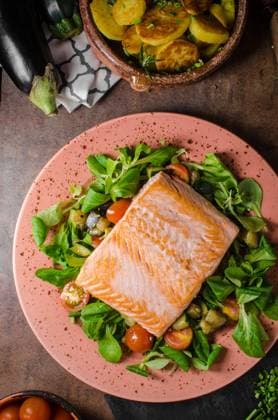 Salmon with roasted potatoes and mediterranean vegetables and salad , 22971808.jpg, salmon, grilled, fish, food, fillet, lemon, fresh, healthy, steak, closeup, board, gourmet, meal, herbs, slice, pepper, background, dinner, wooden, natural, seafood, raw, red, herb, filet, lunch, orange, sea, bbq, spice, cuisine, roasted, salt, green, white, omega, cedar, wild, grill, smoked, dill, roasted, potatoes, miditerranean, vegetable, salad, lamb lettuce, bio, organic, rustic,