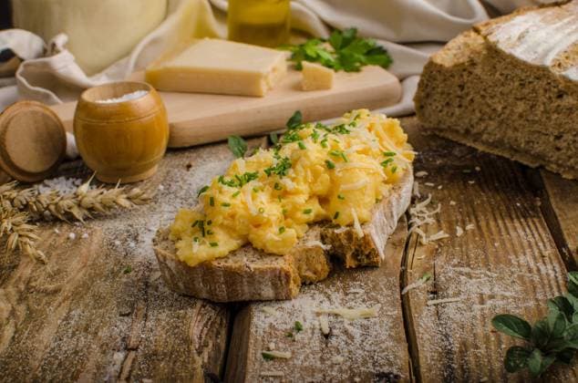 Scrambled eggs on homemade bread, beautiful rustic bread baked home in oven from homemade leaven , 22992300.jpg, scrambled, eggs, egg, breakfast, food, fried, meal, toast, bread, plate, white, pan, lunch, morning, closeup, yellow, fresh, table, dish, delicious, background, tasty, snack, green, leaven, gourmet, cuisine, herb, appetizer, omelet, dinner, bacon, salmon, healthy, iron, cooked, sausage, traditional, wooden, parsley, rustic, old school, wood, bio, organic, microgreens, herbs, chive, bread, slice,