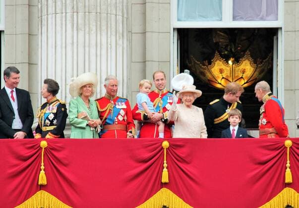LONDON, UK - JUNE 13: The Royal Family appears on Buckingham Palace balcony during Trooping the Colour ceremony, also Prince Georges first appearance on balcony, on June 13, 2015 in London , 23115724.jpg, royal, queen, elizabeth, england, uk, ii, british, birthday, william, duke, andrew, ceremony, edinburgh, anniversary, london, military, palace, celebration, 13th, duke of edinburgh, kent, buckingham, kate, united, 89, duchess of cambridge, balcony, family, camilla, britain, edward, colour, princess, duchess, color, flypass, great, ann, prince, 2015, crowd, kingdom, uniform, june, cambridge, trooping, harry, george, eugenie,