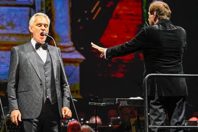 Italian opera singer Andrea Bocelli performs together with the Czech National Symphony Orchestra during the Believe World Tour 2022 in O2 Arena in Prague, Czech Republic, May 17, 2022. (CTKxPhoto VitxSimanek) CTKPhotoP2022051708863  VIS 006 K