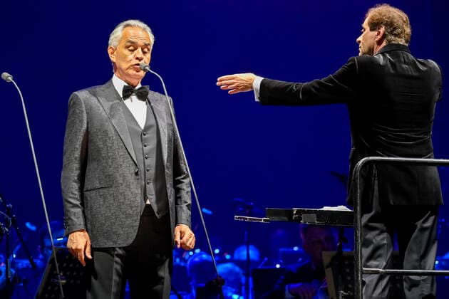 Italian opera singer Andrea Bocelli performs together with the Czech National Symphony Orchestra during the Believe World Tour 2022 in O2 Arena in Prague, Czech Republic, May 17, 2022. (CTKxPhoto VitxSimanek) CTKPhotoP2022051708909  VIS 002