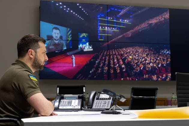 May 17, 2022, Kyiv, Ukraine: Ukrainian President VOLODYMYR ZELENSKYY, addresses the filmmaking community at the opening of the 75th Cannes International Film Festival. Kyiv Ukraine - ZUMA 20220517_int_z03_034 Copyright: xUkrainexPresidencyx