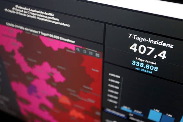 Dashboard des RKI, die 7-Tage-Inzidenz liegt nun bei 407,4 7-Tage-Inzidenz, Dashboard des RKI auf einem Monitor am 18.05.2022 in Siegen Deutschland.