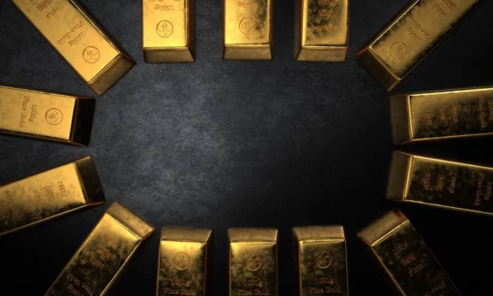 Fine Gold Bars 1kg Fine gold bars on a dark background. 3d illustration.