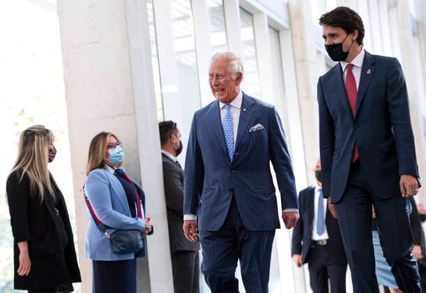 May 18, 2022, Ottawa, ON, CANADA: Prince Charles, accompanied by Prime Minister Justin Trudeau, passes a group of public servants lining to greet him, as they arrive for a roundtable event with business leaders in Ottawa, during their Canadian Royal tour, on Wednesday, May 18, 2022. Ottawa CANADA - ZUMAc35_ 20220518_zaf_c35_141 Copyright: xJustinxTangx
