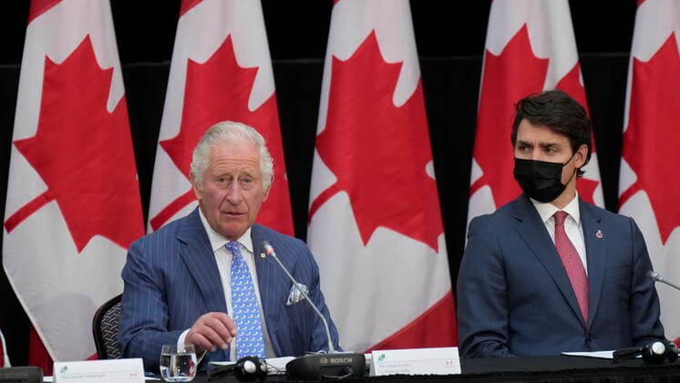 May 18, 2022, Ottawa, ON, Canada: Prince Charles and Prime Minister Justin Trudeau take part in a sustainable finance roundtable meeting in Ottawa as part of the Canadian Royal Tour, Wednesday, May 18, 2022. Ottawa Canada  - ZUMAc35_ 20220518_zaf_c35_156 Copyright: xPaulxChiassonx