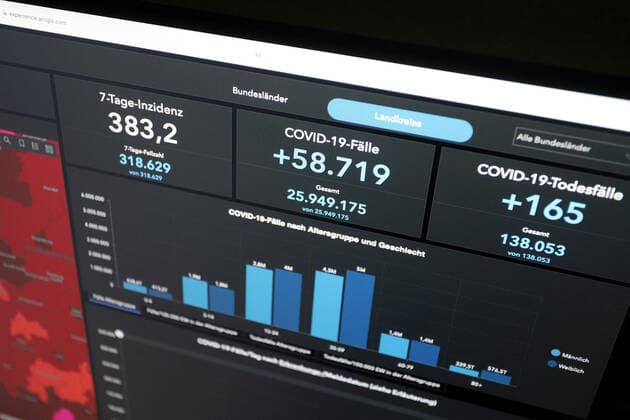Dashboard des RKI, die 7-Tage-Inzidenz liegt nun bei 383,2 7-Tage-Inzidenz, Dashboard des RKI auf einem Monitor am 19.05.2022 in Siegen Deutschland.